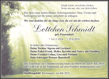 Traueranzeige von Lottchen Schmidt von Südthüringer Presse