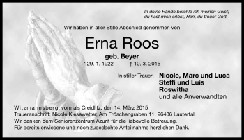 Traueranzeige von Erna Roos von Neue Presse Coburg