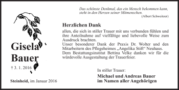 Traueranzeige von Gisela Bauer von Südthüringer Presse