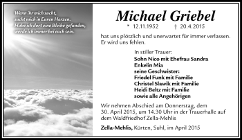 Traueranzeige von Michael Griebel von Südthüringer Presse
