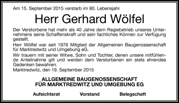 Traueranzeige von Gerhard Wölfel von Frankenpost