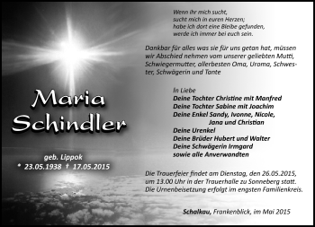 Traueranzeige von Maria Schindler von Südthüringer Presse