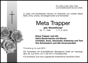 Traueranzeige von Meta Trapper von Neue Presse Coburg