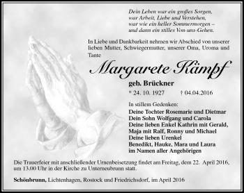 Traueranzeige von Margarete Kämpf von Südthüringer Presse
