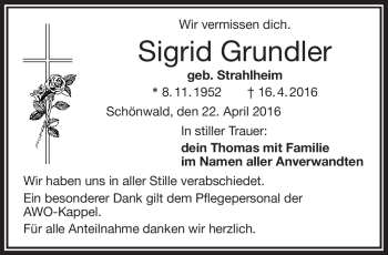 Traueranzeige von Sigrid Grundler von Frankenpost