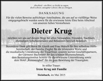 Traueranzeige von Dieter Krug von Südthüringer Presse