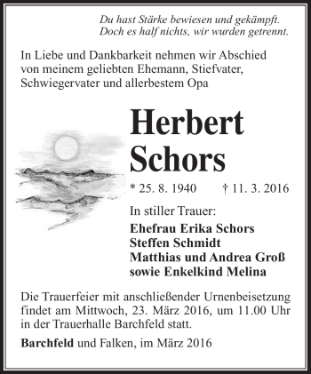 Traueranzeige von Herbert Schors von Südthüringer Presse