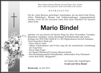 Traueranzeige von Mario Bindel von Südthüringer Presse