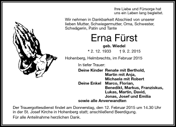 Traueranzeige von Erna Fürst von Frankenpost