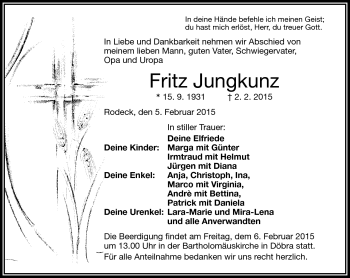 Traueranzeige von Fritz Jungkunz von Frankenpost