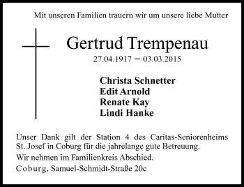 Traueranzeige von Gertrud Trempenau von Neue Presse Coburg