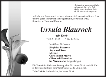 Traueranzeige von Ursula Blaurock von Südthüringer Presse
