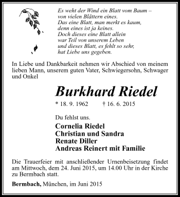 Traueranzeige von Burkhard Riedel von Südthüringer Presse