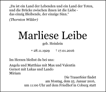 Traueranzeige von Marliese Leibe von Neue Presse Coburg