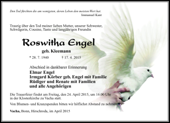 Traueranzeige von Roswitha Engel von Südthüringer Presse