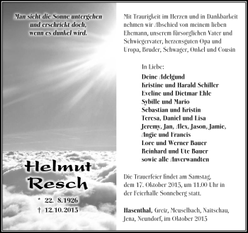 Traueranzeige von Helmut Resch von Südthüringer Presse