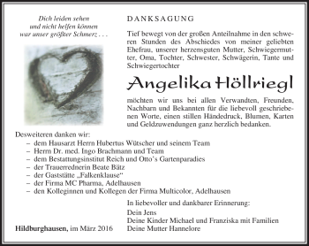 Traueranzeige von Angelika Höllriegl von Südthüringer Presse