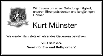 Traueranzeige von Kurt Münster von Frankenpost