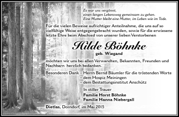 Traueranzeige von Hilde Böhnke von Südthüringer Presse