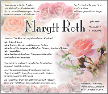 Traueranzeige von Margit Roth von Südthüringer Presse