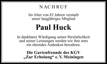 Traueranzeige von Paul Huck von Südthüringer Presse