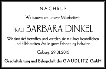 Traueranzeige von Barbara Dinkel von Neue Presse Coburg