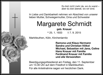 Traueranzeige von Margarete Schmidt von Frankenpost