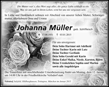 Traueranzeige von Johanna Müller von Südthüringer Presse