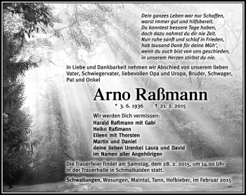 Traueranzeige von Arno Raßmann von Südthüringer Presse