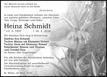 Traueranzeige von Heinz Schmidt von Südthüringer Presse