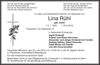 Traueranzeige von Lina Rühl von Frankenpost