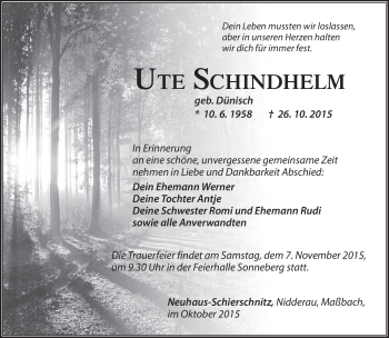 Traueranzeige von Ute Schindhelm von Südthüringer Presse
