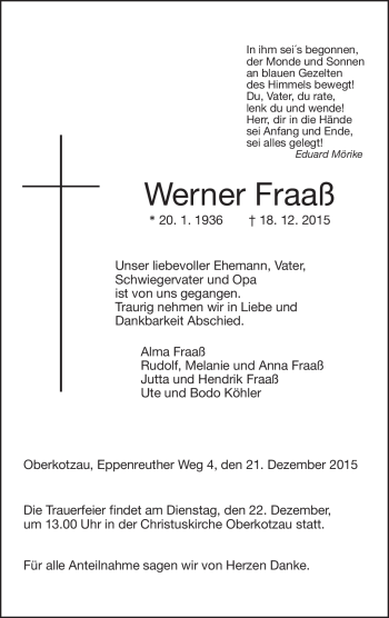 Traueranzeige von Werner Fraaß von Frankenpost