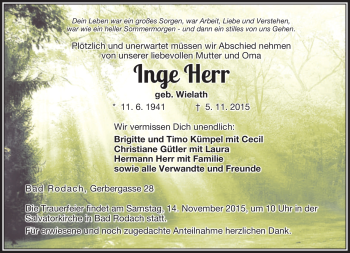 Traueranzeige von Inge Herr von Neue Presse Coburg