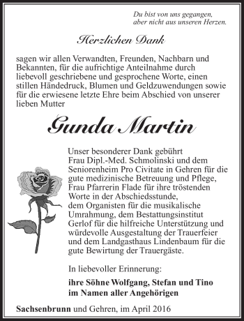 Traueranzeige von Gunda Martin von Südthüringer Presse