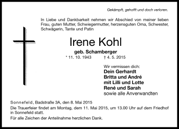 Traueranzeige von Irene Kohl von Neue Presse Coburg