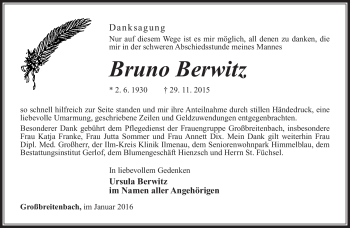 Traueranzeige von Bruno Berwitz von Südthüringer Presse