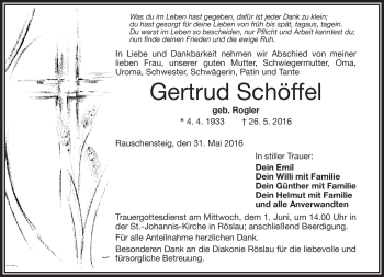 Traueranzeige von Gertrud Schöffel von Frankenpost