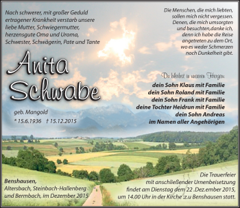 Traueranzeige von Anita Schwabe von Südthüringer Presse