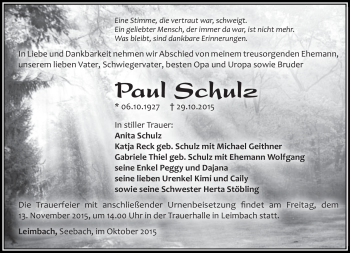 Traueranzeige von Paul Schulz von Südthüringer Presse