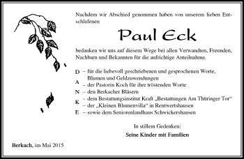 Traueranzeige von Paul Eck von Südthüringer Presse