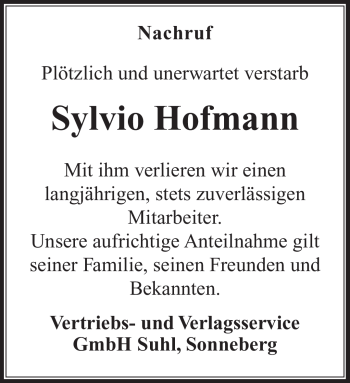 Traueranzeige von Sylvio Hofmann von Südthüringer Presse