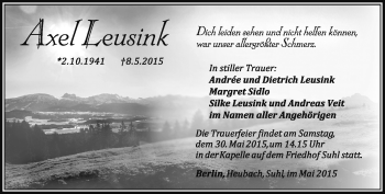 Traueranzeige von Axel Leusink von Südthüringer Presse