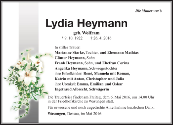 Traueranzeige von Lydia Heymann von Südthüringer Presse