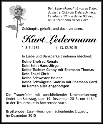 Traueranzeige von Kurt ledermann von Südthüringer Presse