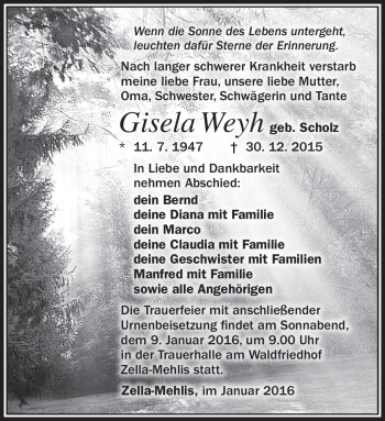 Traueranzeige von Gisela Weyh von Südthüringer Presse