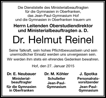 Traueranzeige von Helmut Reinel von Frankenpost