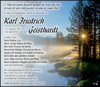 Traueranzeige von Karl Friedrich Geisthardt von Südthüringer Presse