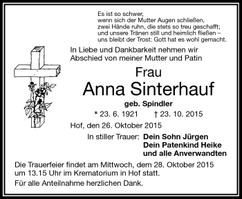 Traueranzeige von Anna Sinterhauf von Frankenpost