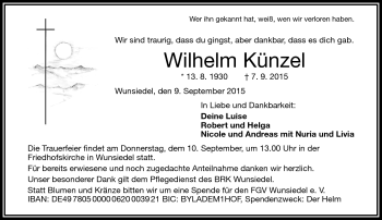 Traueranzeige von Wilhelm Künzel von Frankenpost